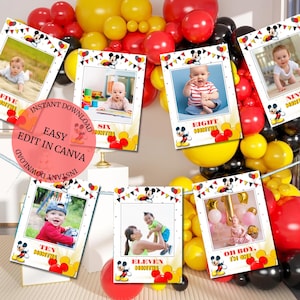 May include: A set of 10 printable photo cards featuring a Mickey Mouse theme. Each card has a different number from 1 to 10, with a Mickey Mouse character and a space for a photo. The cards are perfect for a baby's first year photo shoot.