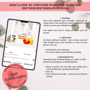 May include: A pink and white graphic with the text "Here's a step-by-step guide to help you access and edit your new template in Canva". The graphic shows a phone screen with a baby photo and the text "Seven Months". The graphic also includes a pink circle with the text "Easy Edit in Canva".