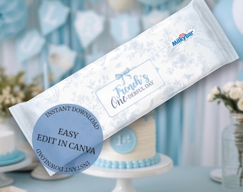 Toile de Jouy 1st Birthday Chocolate Wrapper | Blue Safari (Editable, Digital Download)