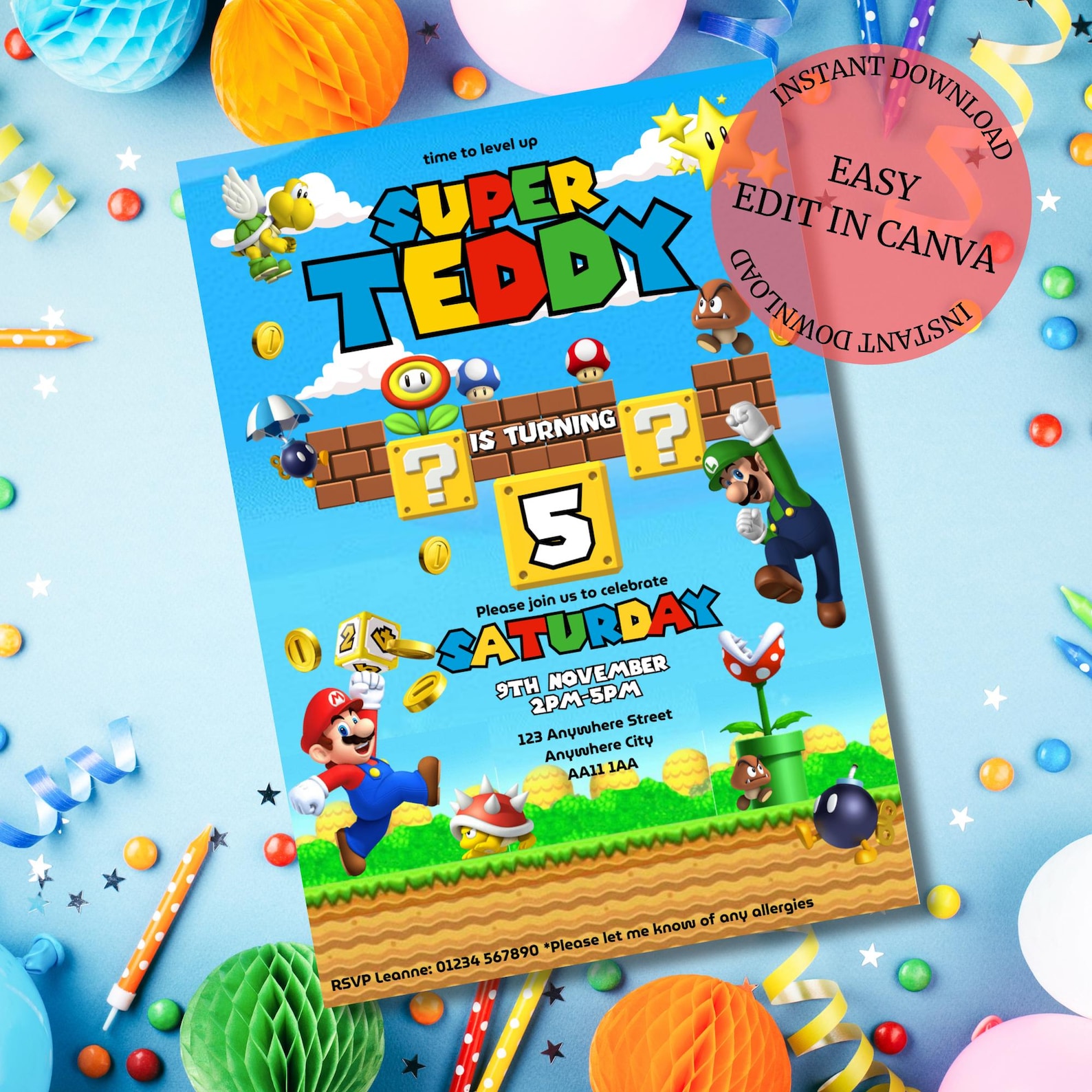 Super Mario Birthday Invitation | Custom Printable Digital Invite ...