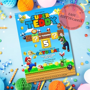 Super Mario Geburtstagseinladung | Benutzerdefinierte druckbare digitale einladen | Mario Party Thema | Bearbeitbarer Sofortiger Download