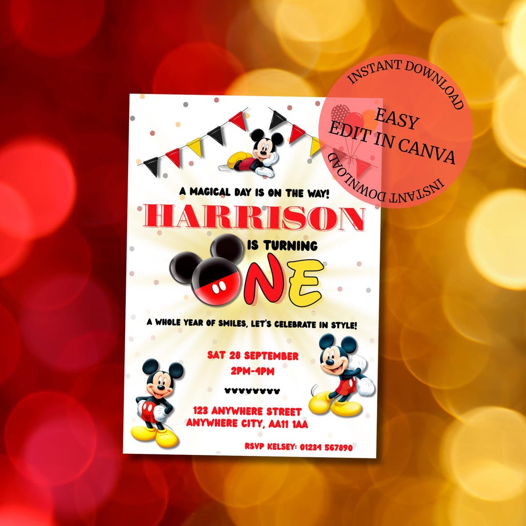 Mickey Mouse 1st Birthday Invitation: Editable Canva Template (digital ...