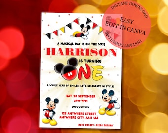 Mickey Mouse 1st Birthday Invitation: Editable Canva Template (Digital Download