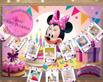 Editable Minnie Mouse 1st Birthday Banner: Photo Milestone Garland (Digital Download), Canva Template