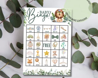 Gra Safari Lion Baby Bingo: Zabawa na baby shower w dżungli (do wydrukowania i natychmiastowego pobrania)