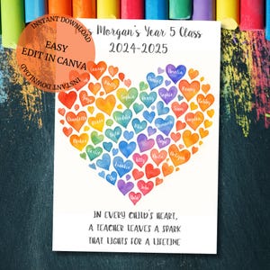 Puede incluir: Una impresión blanca con un corazón compuesto por corazones de acuarela coloridos, cada uno con el nombre de un niño. El texto dice "Morgan's Year 5 Class 2024-2025" y "En cada corazón de niño, un maestro deja una chispa que ilumina toda una vida."