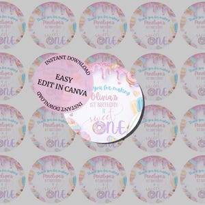 Sweet One Birthday Favor Stickers Template | Editable Canva Sticker | Donut First Birthday Party Favor Labels | Pink Pastel Sweet One