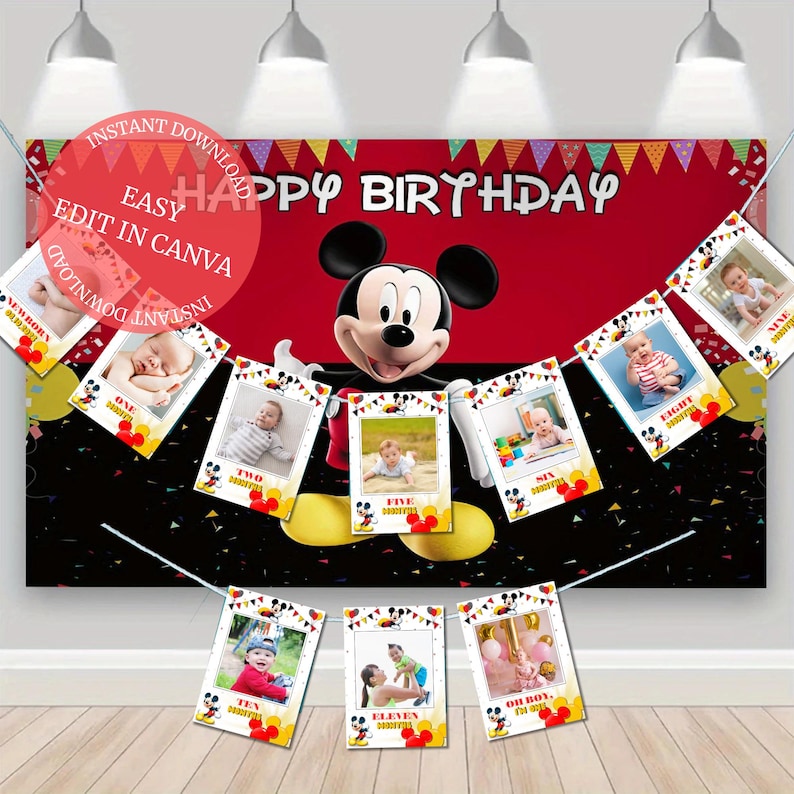May include: A red and black Mickey Mouse themed birthday banner with a photo collage of a child's first eleven birthdays. The banner features a Mickey Mouse head in the centre and says "Happy Birthday".