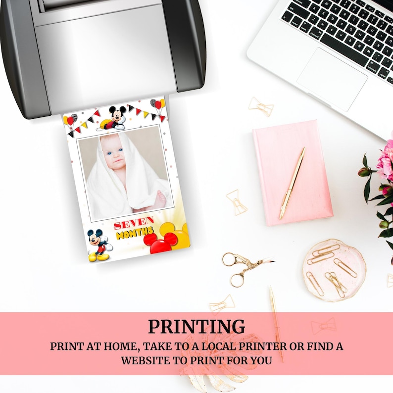May include: Printable baby milestone card featuring Mickey Mouse and a baby in a white towel. The card says "Seven Months".