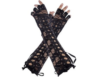 Lace Fingerless Gloves Women | Sexy Long Lace Up Gloves | Pin Up Doll Laced Costume Glovesc| Gothic Party Gloves | Cosplay Accessory