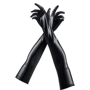 May include: A pair of long black satin gloves with a smooth, shiny finish. The gloves are crossed at the wrists, with the fingertips of each glove pointing upwards.
