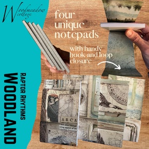 May include: Four unique notepads with hook and loop closure. The notepads feature woodland-themed designs with illustrations of birds and vintage paper textures. The notepads are displayed on a wooden surface.