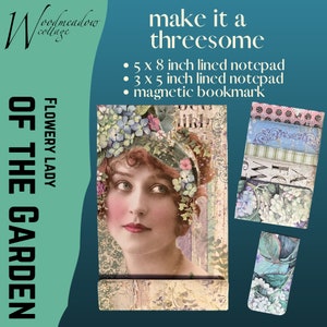 May include: A notepad set featuring a vintage illustration of a woman with flowers, including a 5 x 8 inch lined notepad, a 3 x 5 inch lined notepad, and a magnetic bookmark. The set is titled "Flowery Lady of the Garden."