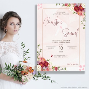 Wedding Invitation Card Red Flowers Design Bridal Online Editable and printable Canva Templates