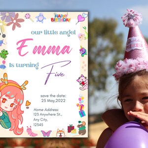 Fille anniversaire joyeux anniversaire fête célébration Invitation joyeux anniversaire carte Invitation en ligne modifiable modèle de toile imprimable taille 5 x 7 pouces