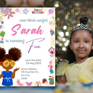 Fille anniversaire joyeux anniversaire fête célébration Invitation joyeux anniversaire carte Invitation en ligne modifiable modèle de toile imprimable taille 5 x 7 pouces