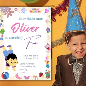 Boy Birthday Joyeux anniversaire Party Celebration Invitation Joyeux anniversaire Carte Invitation en ligne Modifiable Imprimable Canva Taille du modèle 5x7in