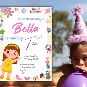 Fille anniversaire joyeux anniversaire fête célébration Invitation joyeux anniversaire carte Invitation en ligne modifiable modèle de toile imprimable taille 5 x 7 pouces