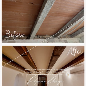 Può includere: Foto prima e dopo di una stanza con travi in legno a vista sul soffitto. La foto prima mostra le travi nel loro stato originale, mentre la foto dopo mostra le travi tinte di un colore marrone scuro. Il testo "What is the most important thing to you in terms of design? If this is the case, you are underestimating your own worth." è scritto sulla foto dopo.