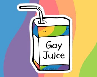May include: A sticker of a cartoon juice box with a rainbow design and the text "Gay Juice" on the front. The text "Gay Day Outdoors" is printed at the bottom of the box.