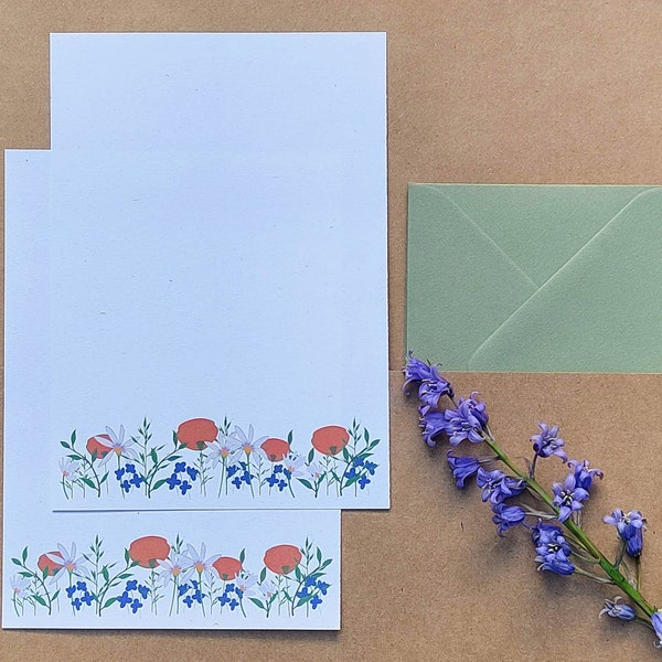 A5 Writing paper and envelopes - wildflower - stationery gift - penpal - poppy - lined paper - writing paper - snail mail - A5 - envelope