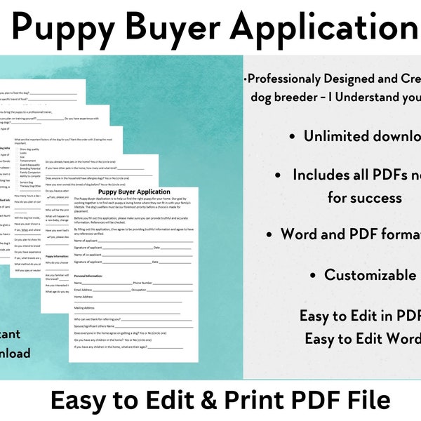 Puppy Application | Editable Form | Breeders Contract | Printable PDF File | Customizable in Word | Instant Download