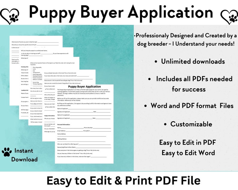 Puppy Application Editable Form Breeders Contract Printable PDF File