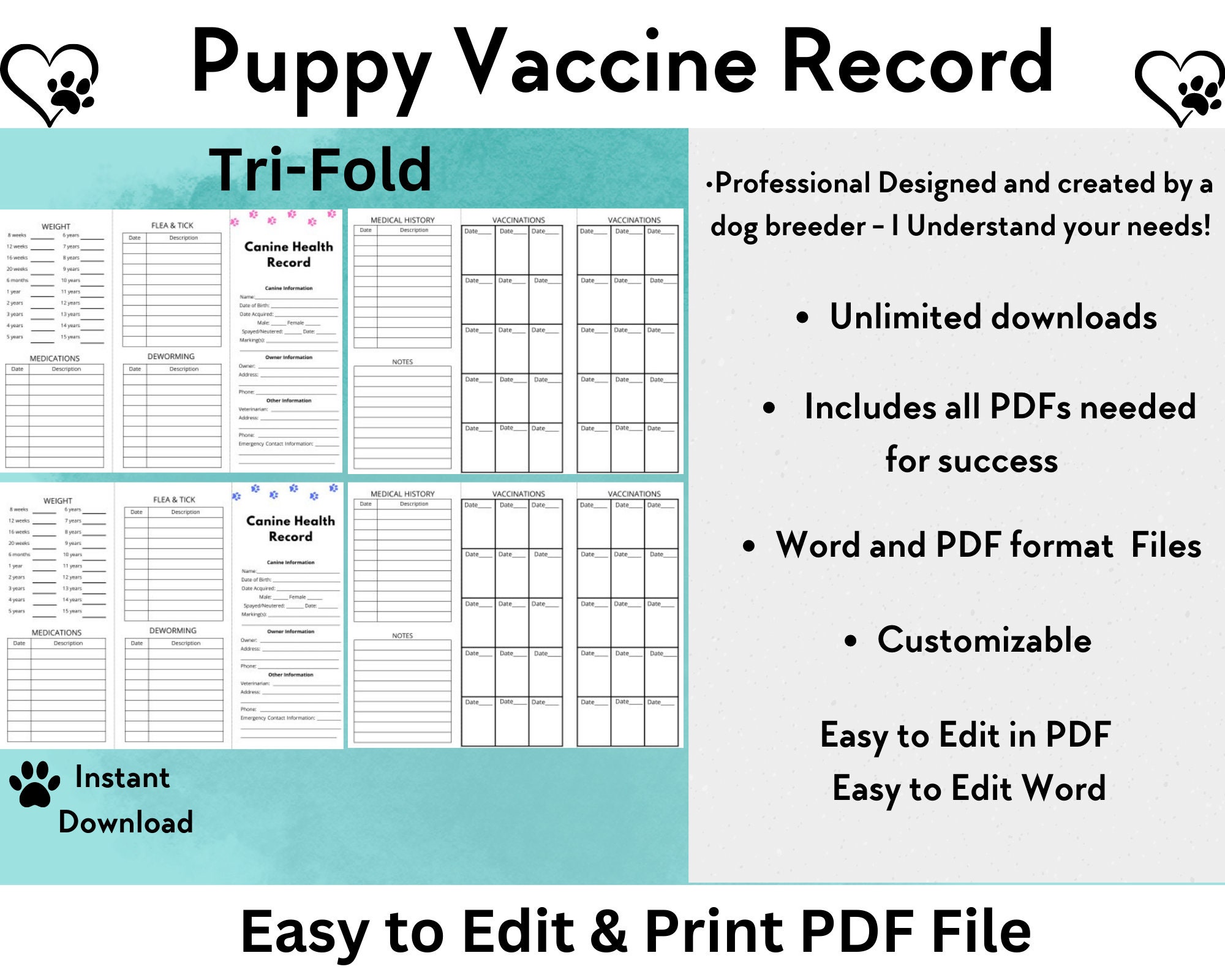 Puppy Health Vaccination Record Vet Record Dog Canine Vaccination ...