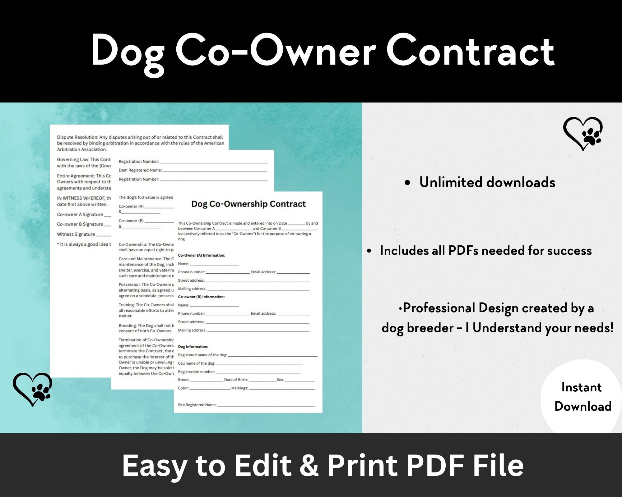 Co-owner Dog Contract Editable Form Breeders Contract Printable PDF ...