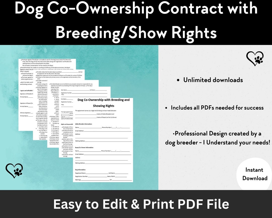 Professional Dog Coowner Contract Editable Form Breeders Contract Printable PDF File