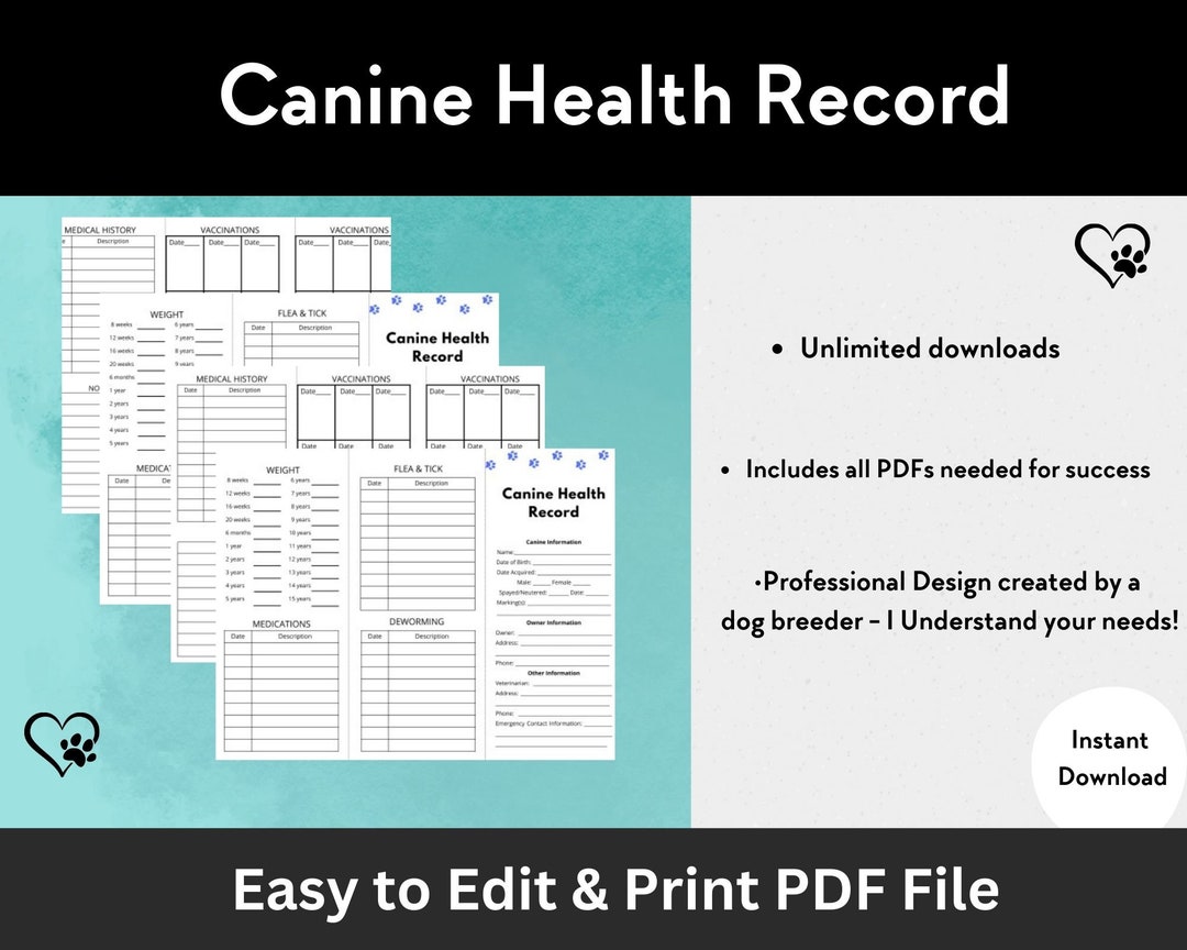 Canine Health Record Editable Form Breeders Contract Printable PDF File ...