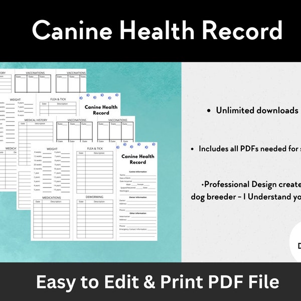 Canine Health Record | Editable Form | Breeders Contract | Printable PDF File | Customizable in Word | Instant Download | Dog Record