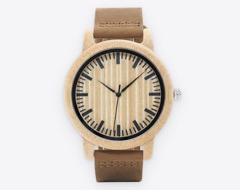 Vintage Wooden Watch, eco-friendly, authentic leather, bamboo case, natural material, fits any outfit, CE & RoHS certified, vintage style