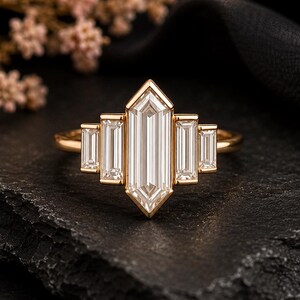 Retro Hexagon CZ Diamond Ring, Baguette Diamond Wedding Ring, Unique Diamond  Engagement Ring, Bezel Set Art Deco Bridal Promise Ring