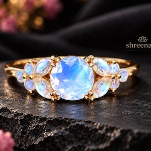 Anello di fidanzamento vintage con pietra di luna, anello di fidanzamento da donna in oro giallo, anello con pietra di luna a marquise, delicato anello da sposa, anello di promessa, regalo di anniversario