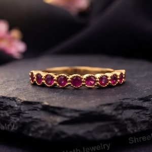 Solid 14K Yellow Gold Ruby Ring, Ruby Wedding Band For Women, Half Eternity Girl Matching band, Personalized Jewelry, Gift For Anniversary