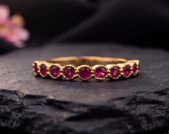 Solid 14K Yellow Gold Ruby Ring, Ruby Wedding Band For Women, Half Eternity Girl Matching band, Personalized Jewelry, Gift For Anniversary