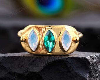 Emerald Engagement Ring Three Gemstone Moonstone Jewelry Handmade Birthday Gift For Loved Bridesmaid Ring Personalized Jewelry Gift For Wife