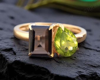 Toi et Moi Ring, Smoky quartz Promise Ring, Peridot Engagement Ring, Two Stone Ring, Wedding Ring, Anniversary Gift, Gift for Her