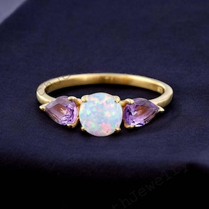 Round cut White Opal ring Vintage Yellow gold engagement ring Pear cut Amethyst ring Three Gemstone Jewelry Anniversary Gift Engraved Rings