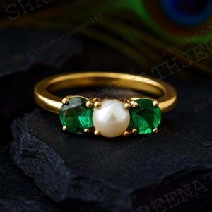 ユニークなパールエンゲージリング、繊細なエメラルドのアールデコジュエリー、5月の誕生石、14Kソリッドゴールドプロミスリング、3つの宝石、妻へのクラシックなギフト