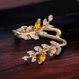 Yellow Citrine Curved Enhancer Band Marquise Cut Citrine Diamond Engagement Matching Band 14K Gold Wrap Guard Ring Open Gap Anniversary Gift