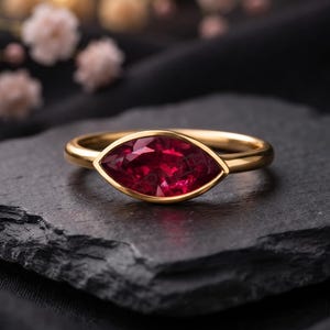 1.5CT Marquise Red Ruby Ring Bezel Setting 14k Solid Gold Engagement Ring