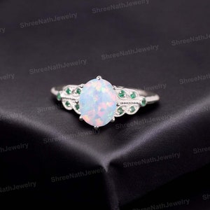 White Opal Floral Promise Ring 925 Silver Engagement Emerald Ring May Birthstone Women Jewelry Engraved Rings Anniversary Gift For love