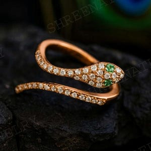 Emerald Snake Eye Ring Diamond Covered Snake Skin Ring 18K Gold Jewelry Animal Lover Gift  Handmade Adjustable Ring For Her May Birthstone