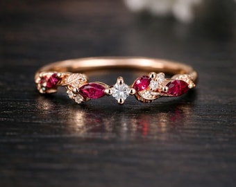 14k Solid Gold Ruby Wedding Band Thick Band Ring for Women Pave Ruby Stackable Ring Dainty Real Gold Rings Handmade Jewelry Gift For Wife