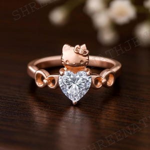 Heart Kitty Inspired Ring 925 Silver Kitty Ring 14K White Gold Hello Kitty Ring Cat Lover Diamond Ring  Animal Lover Jewelry Statement Rings