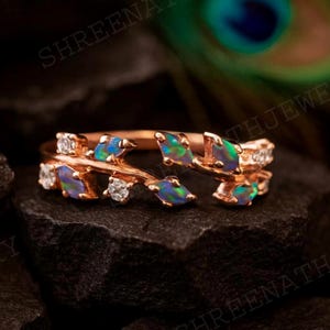 Eldsvart opal bröllopskvistarmband 18k guld justerbara smycken diamantring oktober födelsesten smycken art déco bladring jubileumspresent