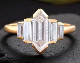 Retro Hexagon CZ Diamond Ring, Baguette Diamond Wedding Ring, Unique Diamond  Engagement Ring, Bezel Set Art Deco Bridal Promise Ring