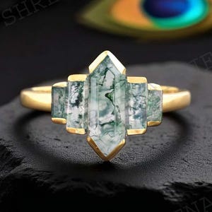 Vintage Long Hexagon Cut Moss Agate Ring unique Rose Gold Band Natural Moss Agate Band Art Deco Baguette Bridal Promise Ring, Bezel Set Ring